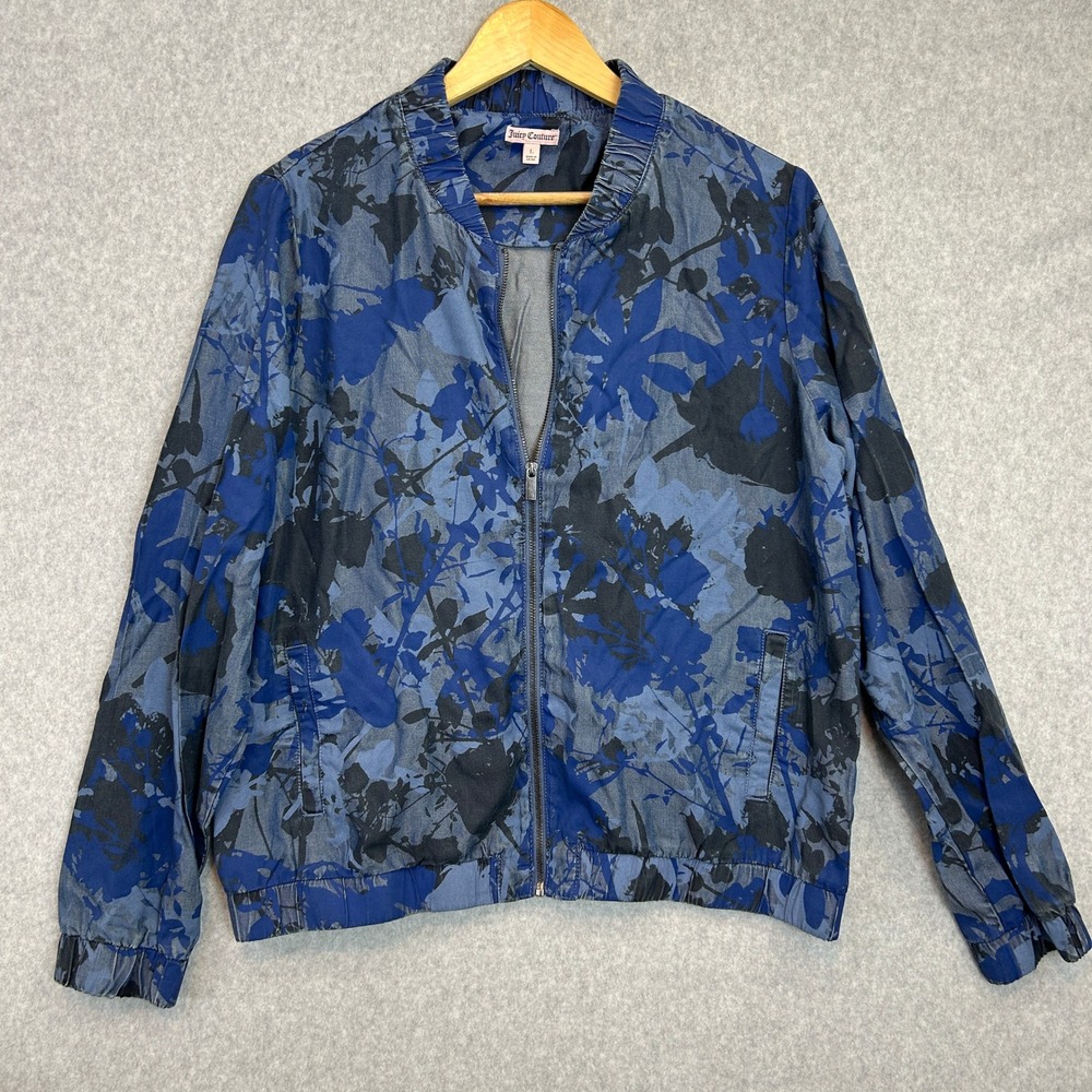 Juicy Couture Bomber Jacket Blue Floral Lightweight Zip Up Indie Womens Sz Large